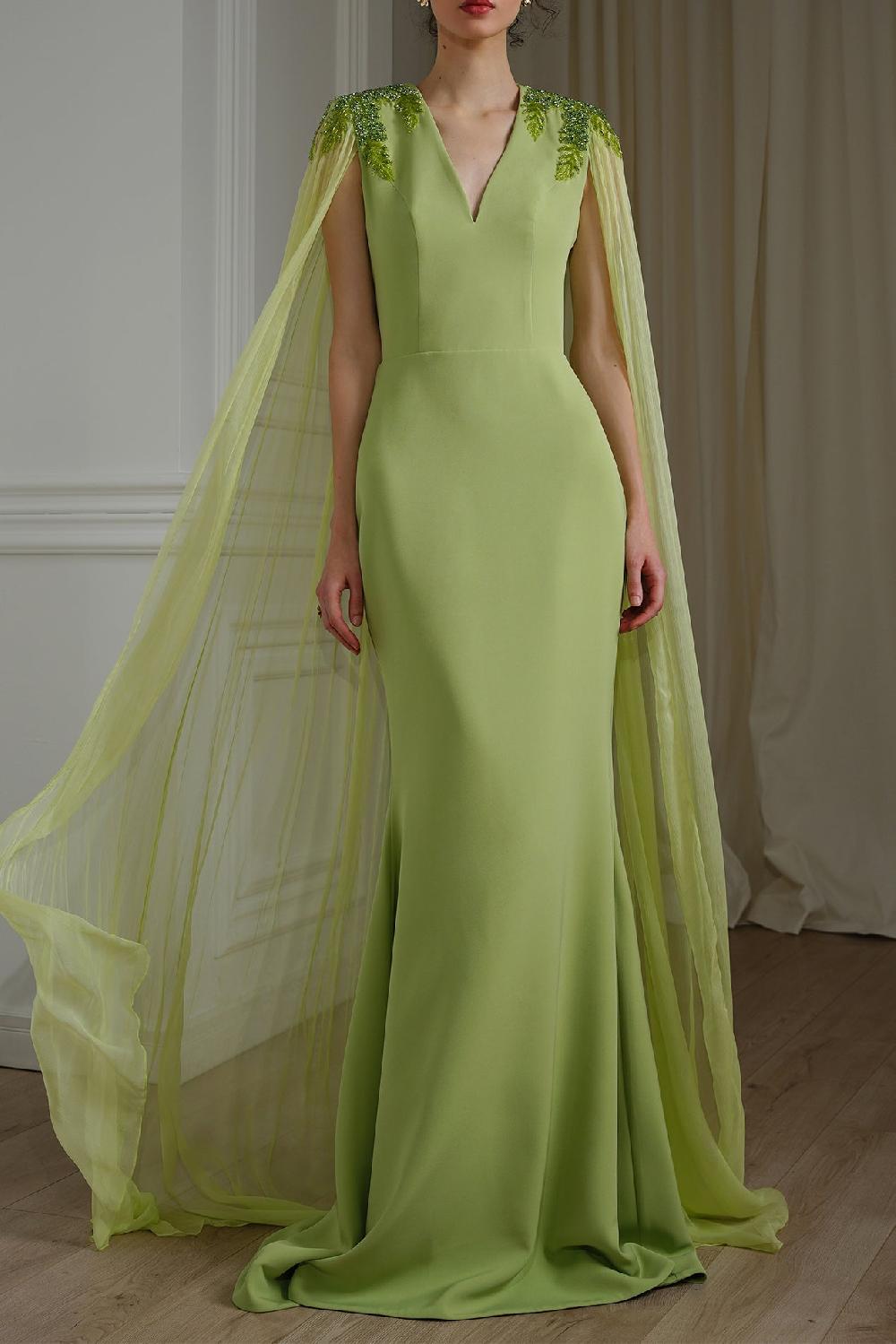 rhea costa Esme V-Neck Dress with Flowing Silk Chiffon Cape In Pistachio