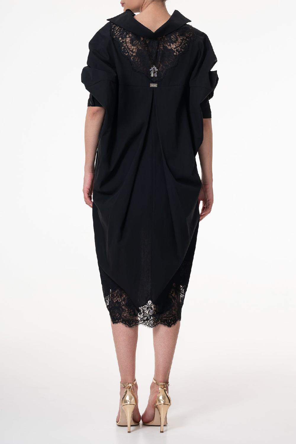 Rhea Costa Gioia Lace Inserts Cotton Shirt Dress In Black