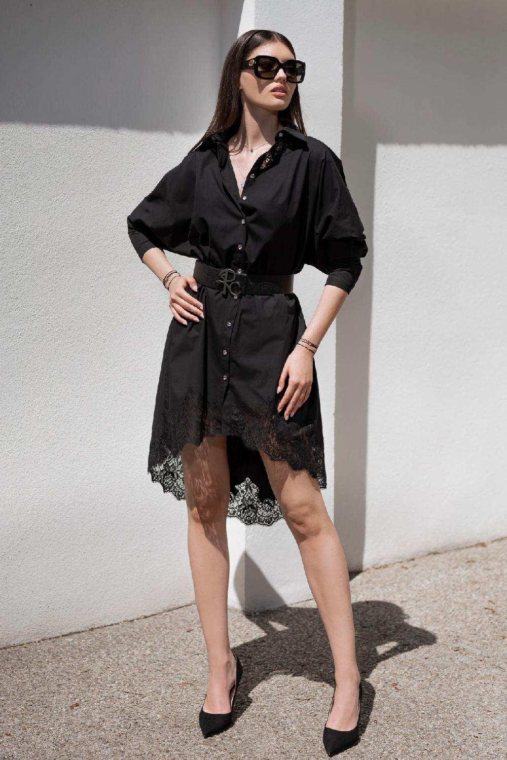 Rhea Costa Gioia Lace Inserts Cotton Shirt Dress In Black