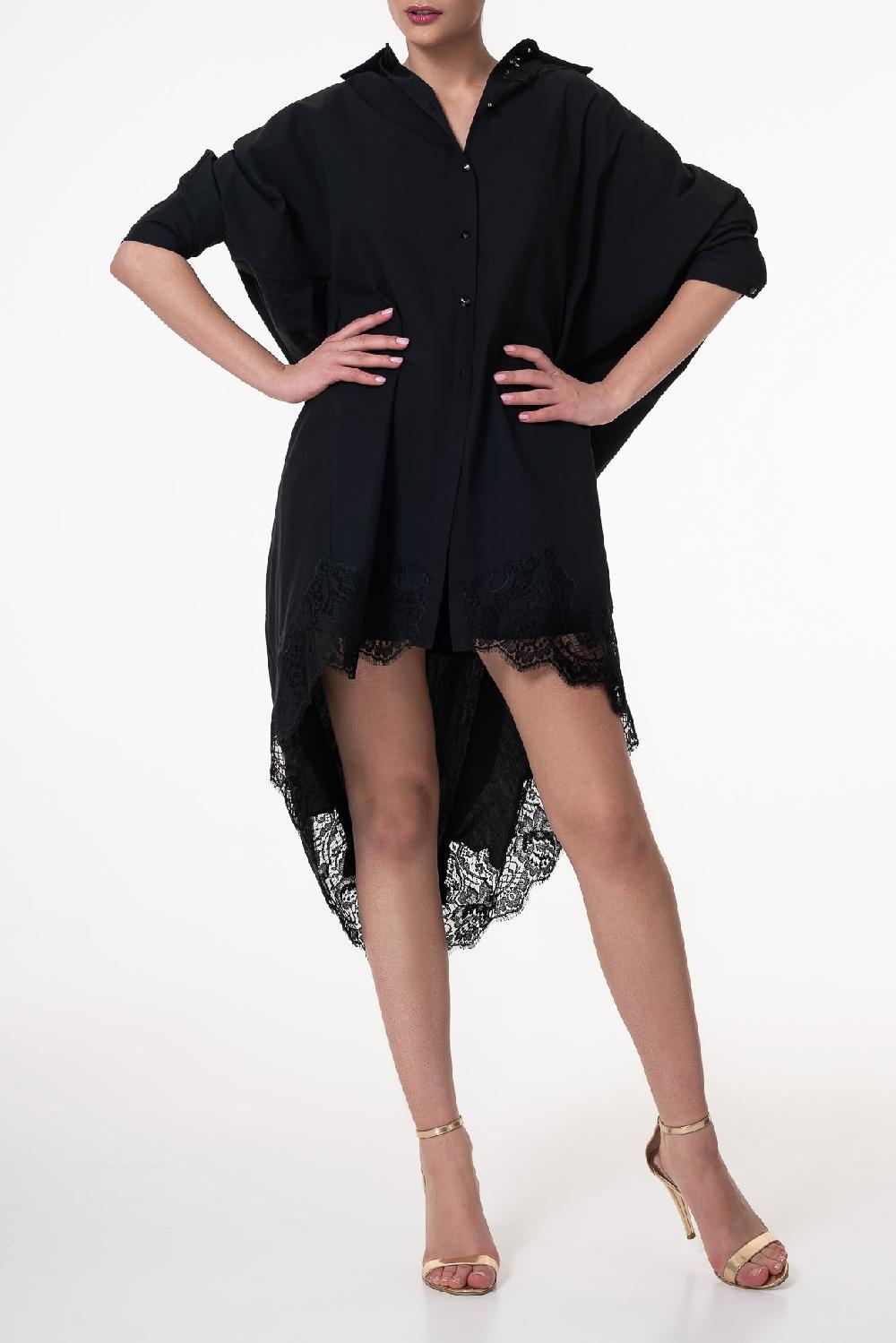 rhea costa Gioia Lace Inserts Cotton Shirt Dress In Black