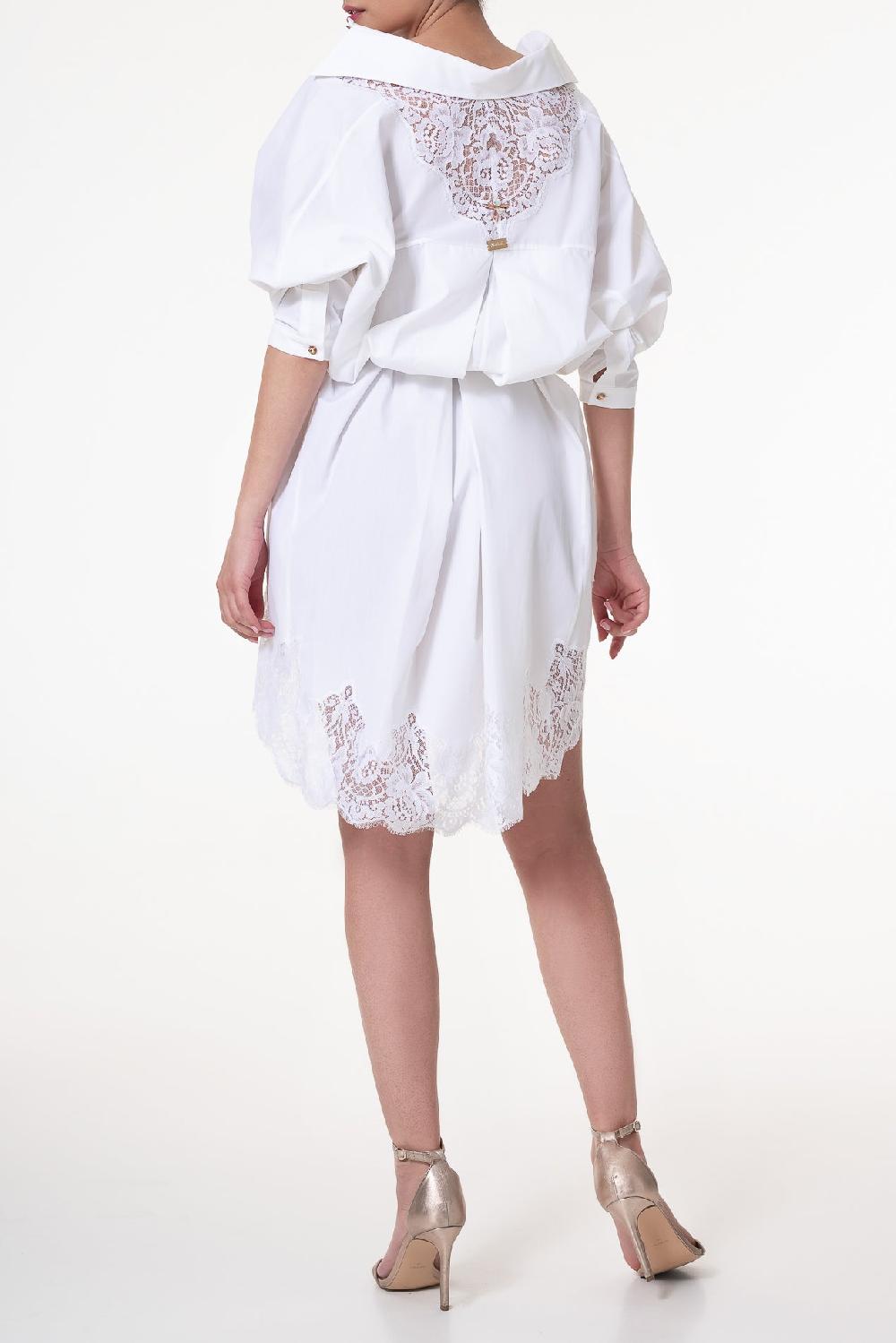 Rhea Costa Gioia Lace Inserts Cotton Shirt Dress In White-Gold Buttons