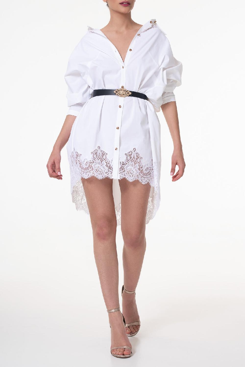rhea costa Gioia Lace Inserts Cotton Shirt Dress In White-Gold Buttons