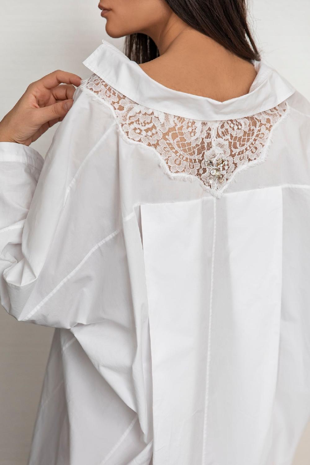 Rhea Costa Gioia Lace Inserts Cotton Shirt Dress In White-Silver Buttons