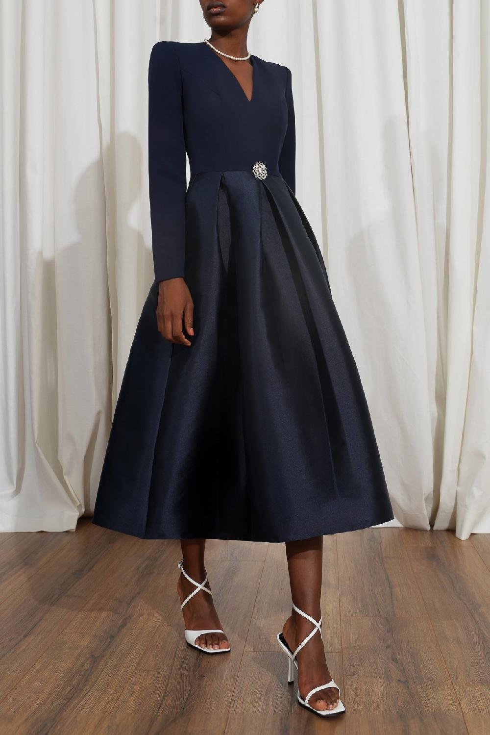 Rhea Costa Ivy Midnight Blue Crepe And Mikado Cocktail Dress