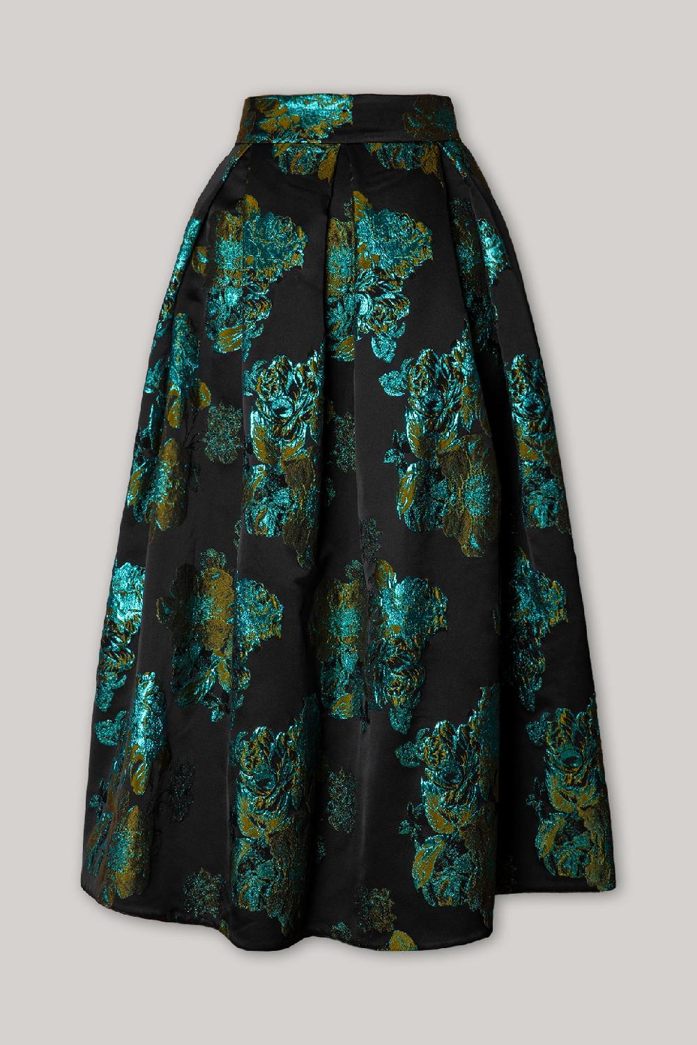 Rhea Costa Jasmine Flower Brocade Skirt In Black Turqoise
