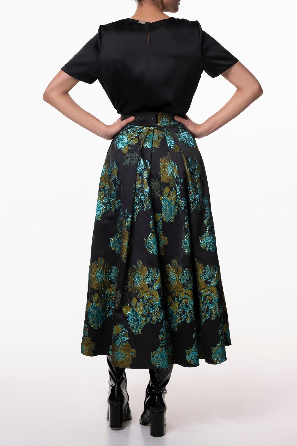 Rhea Costa Jasmine Flower Brocade Skirt In Black Turqoise