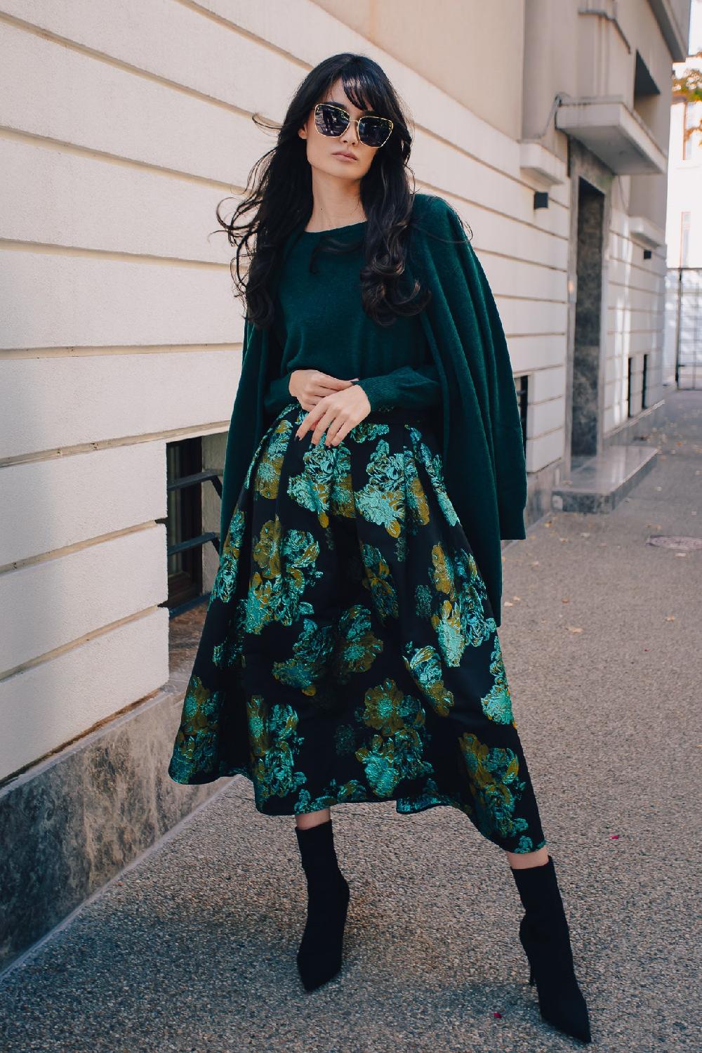 rhea costa Jasmine Flower Brocade Skirt In Black Turqoise