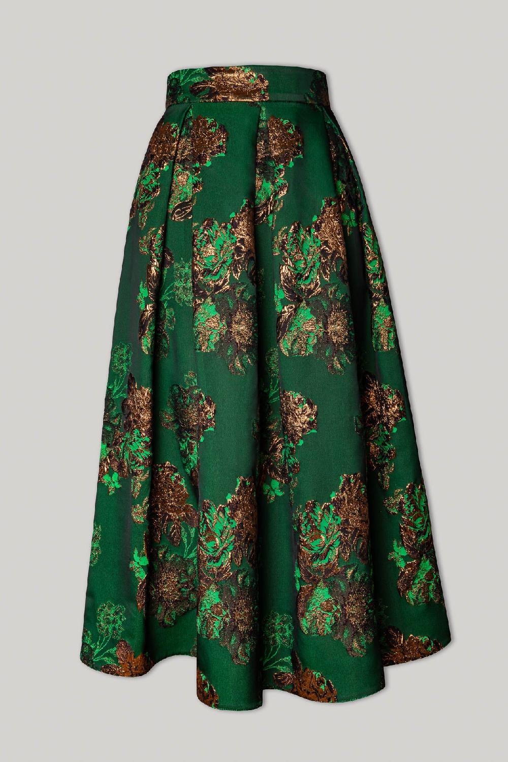 Rhea Costa Jasmine Flowers Structured Jacquard Skirt Emerald