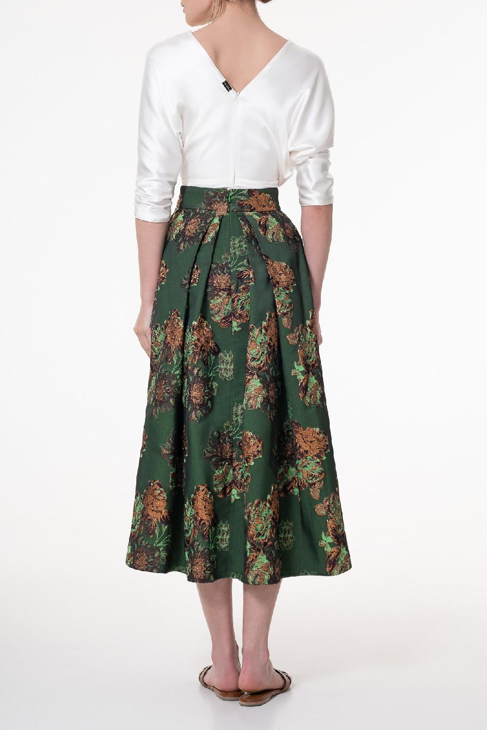 Rhea Costa Jasmine Flowers Structured Jacquard Skirt Emerald