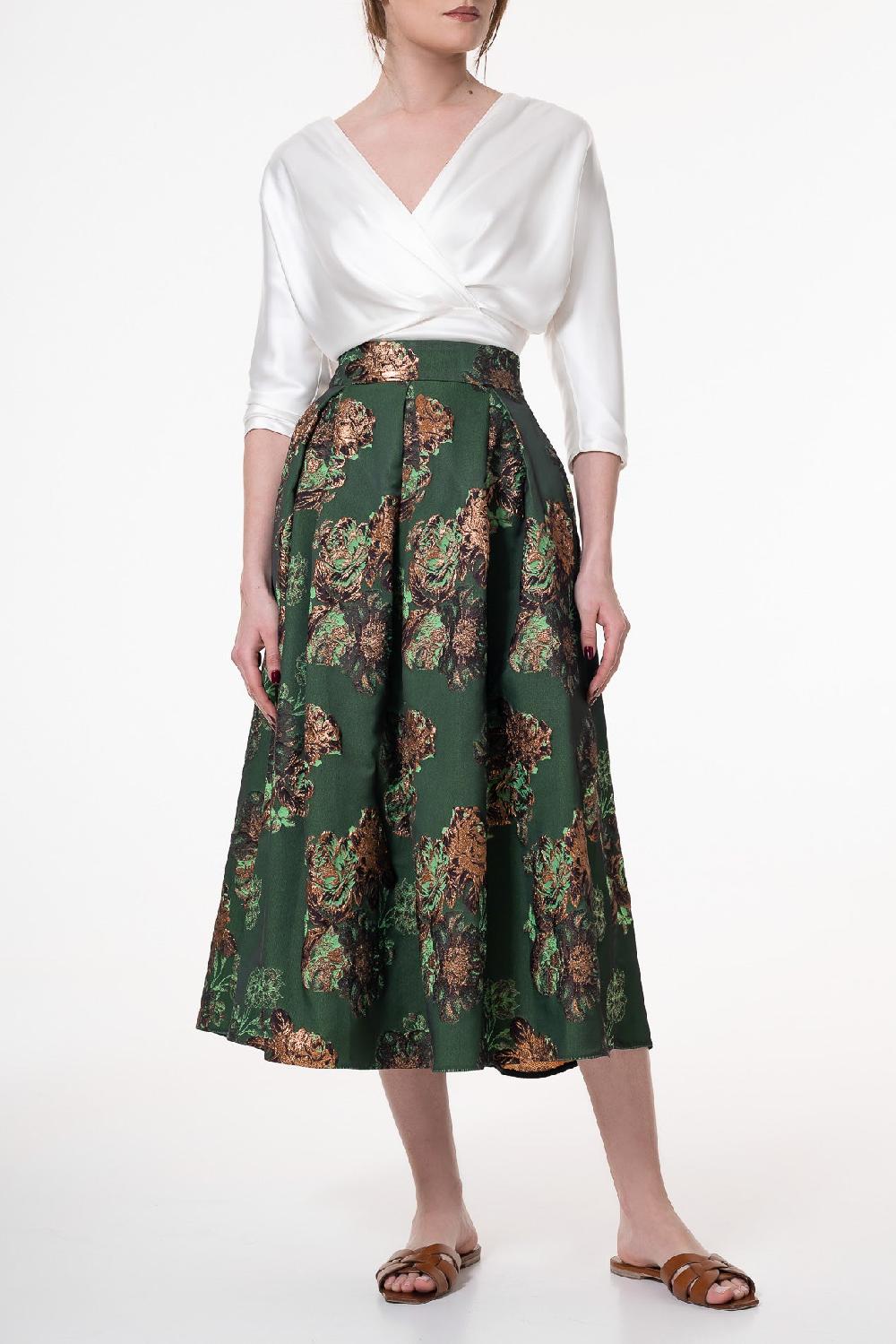 Rhea Costa Jasmine Flowers Structured Jacquard Skirt Emerald