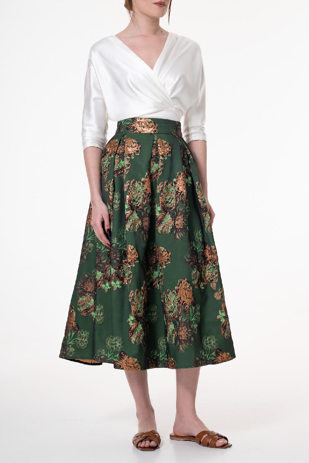 rhea costa Jasmine Flowers Structured Jacquard Skirt Emerald