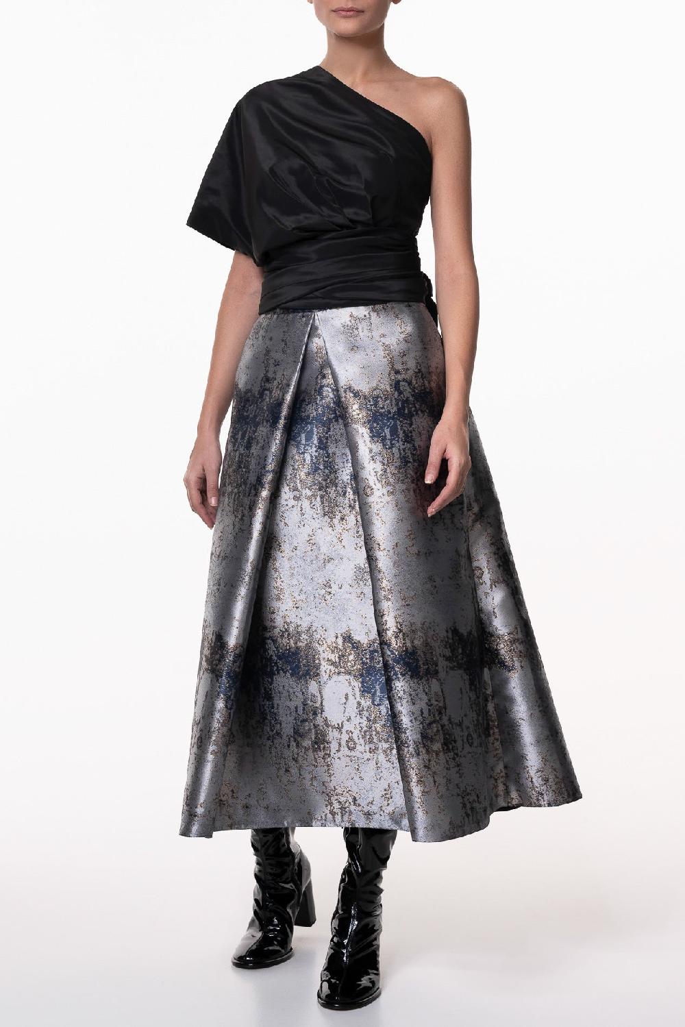 Rhea Costa Jasmine Structured Jacquard Skirt In Gold-Grey