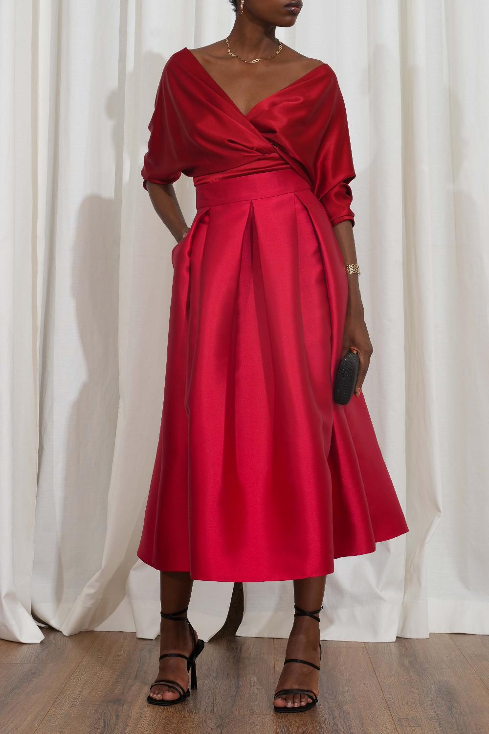 rhea costa Jasmine Structured Mikado Skirt In True Red