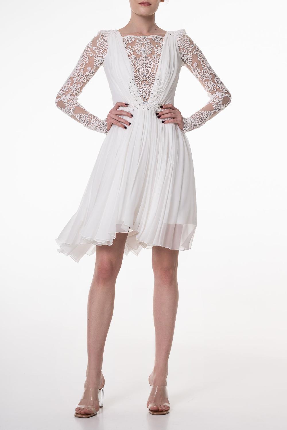 rhea costa Joelle Ivory With Crystals Boho Short Dress