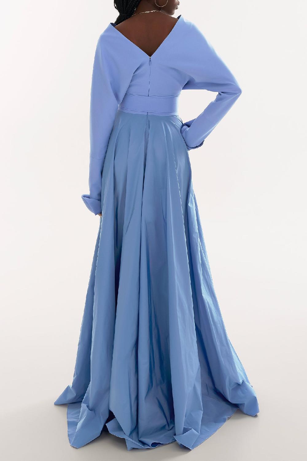 Rhea Costa Josie Crepe Taffeta Long Dress In Celeste