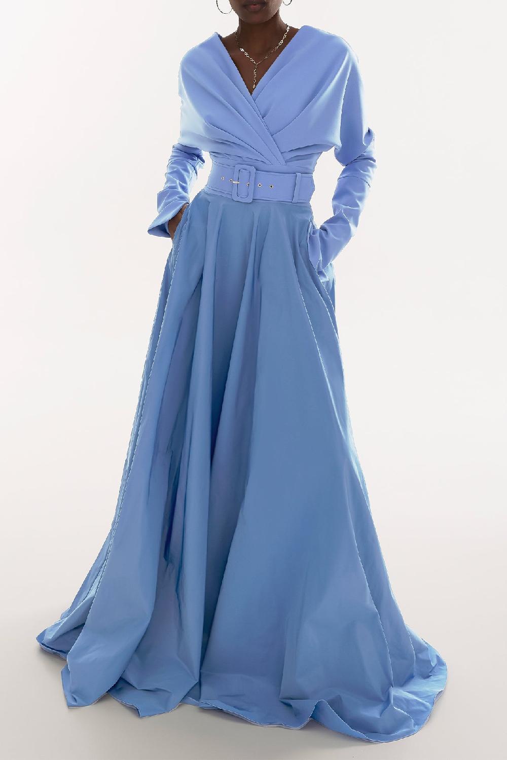 rhea costa Josie Crepe Taffeta Long Dress In Celeste