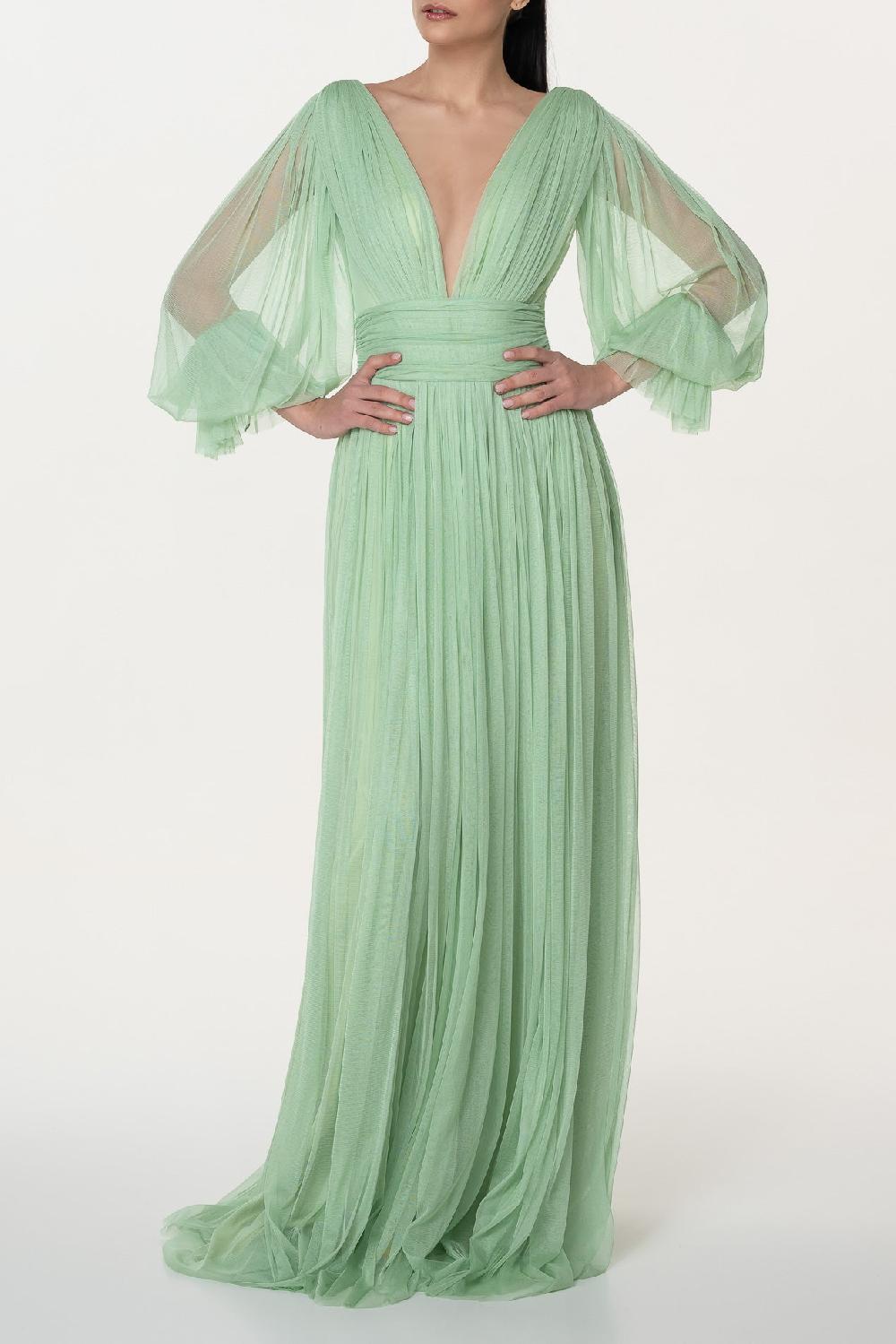rhea costa Kaira Silk Tulle Long Dress In Pistachio