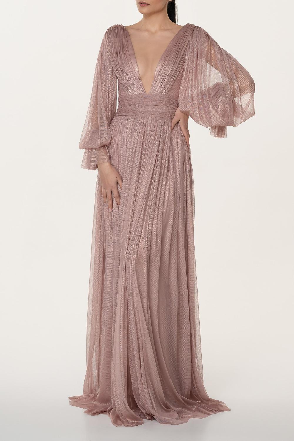 rhea costa Kaira Silk Tulle Long Dress In Rose-Gold