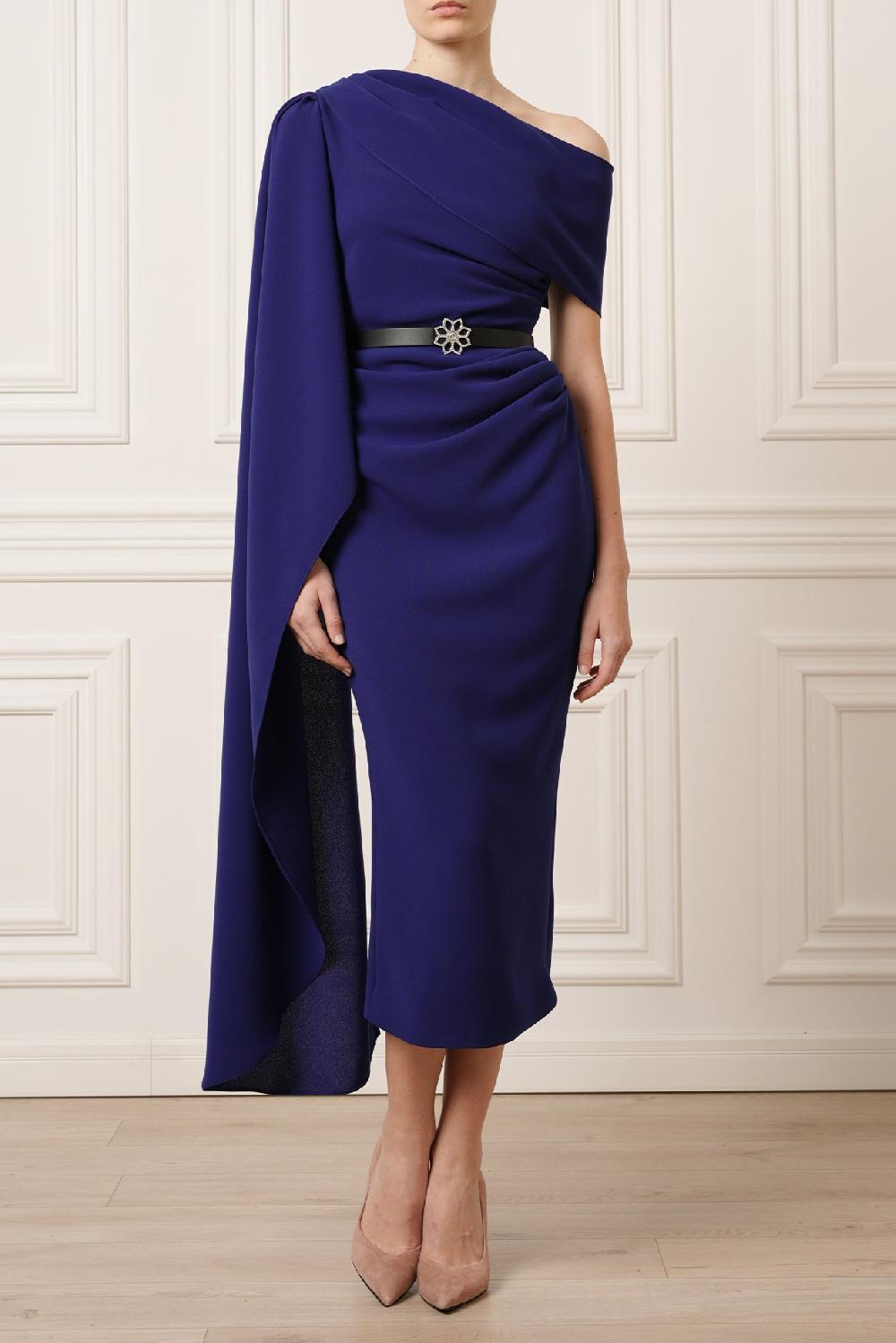 rhea costa Karen One-Shoulder Midi Dress In Royal Blue