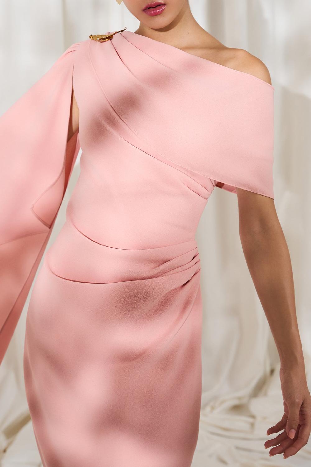 Rhea Costa Karen One-Shoulder Midi Dress In Soft-Peach