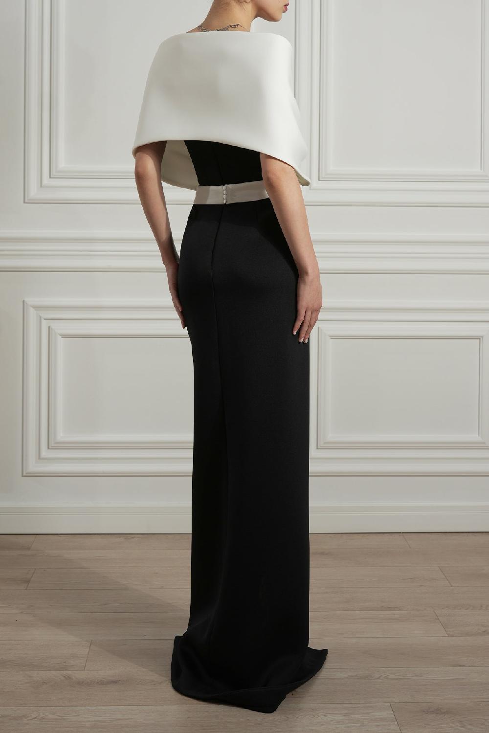 Rhea Costa Khalesi Black And White Scuba Dress With Detachable Cape