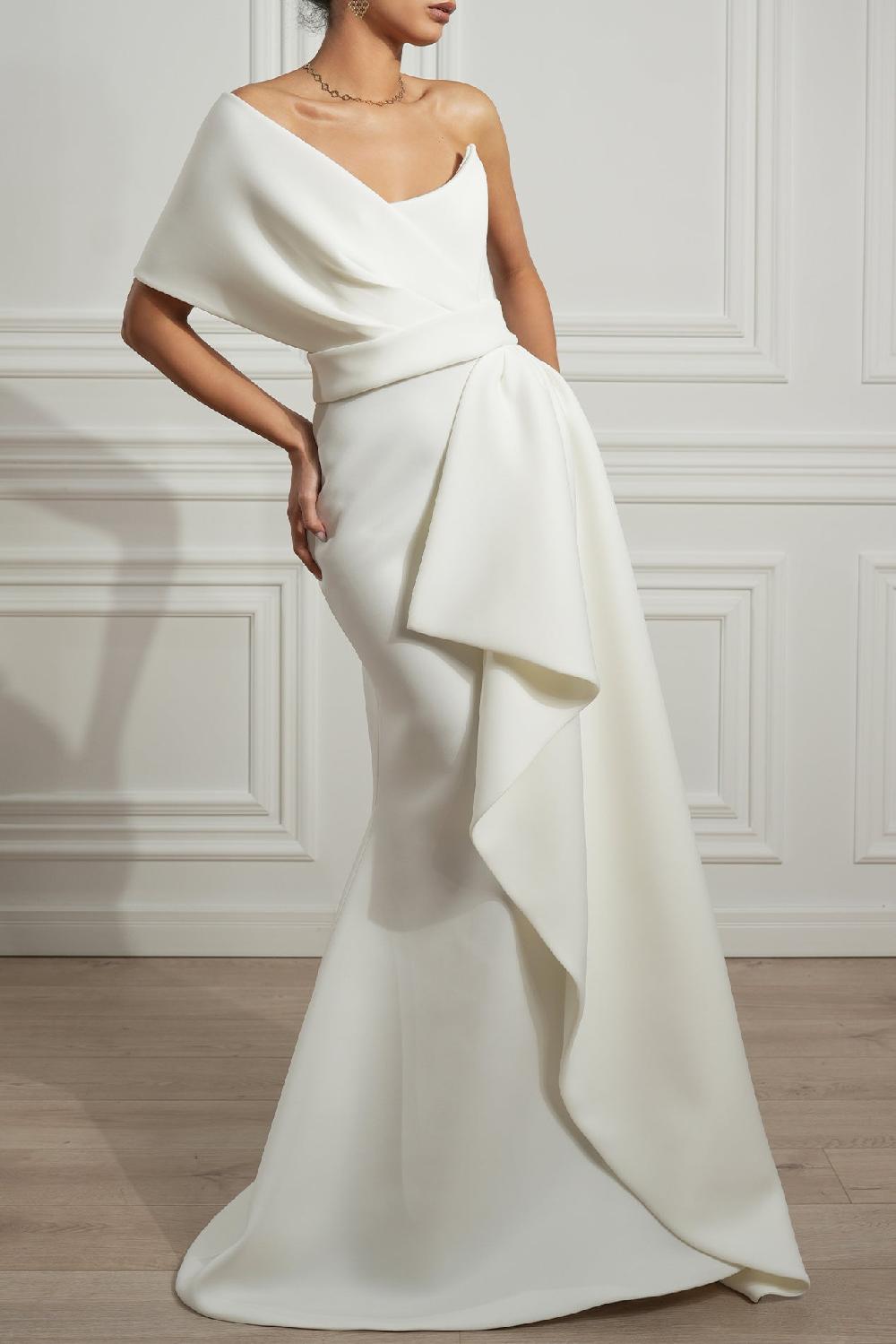 rhea costa Lena Off-White Scuba Corset Dress With Detachable Drapping