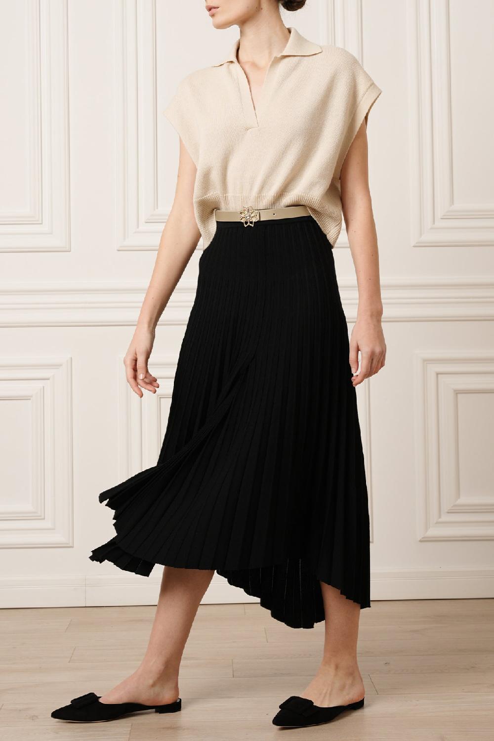 Rhea Costa Lia Jersey Wool Pleated Midi Skirt In Black