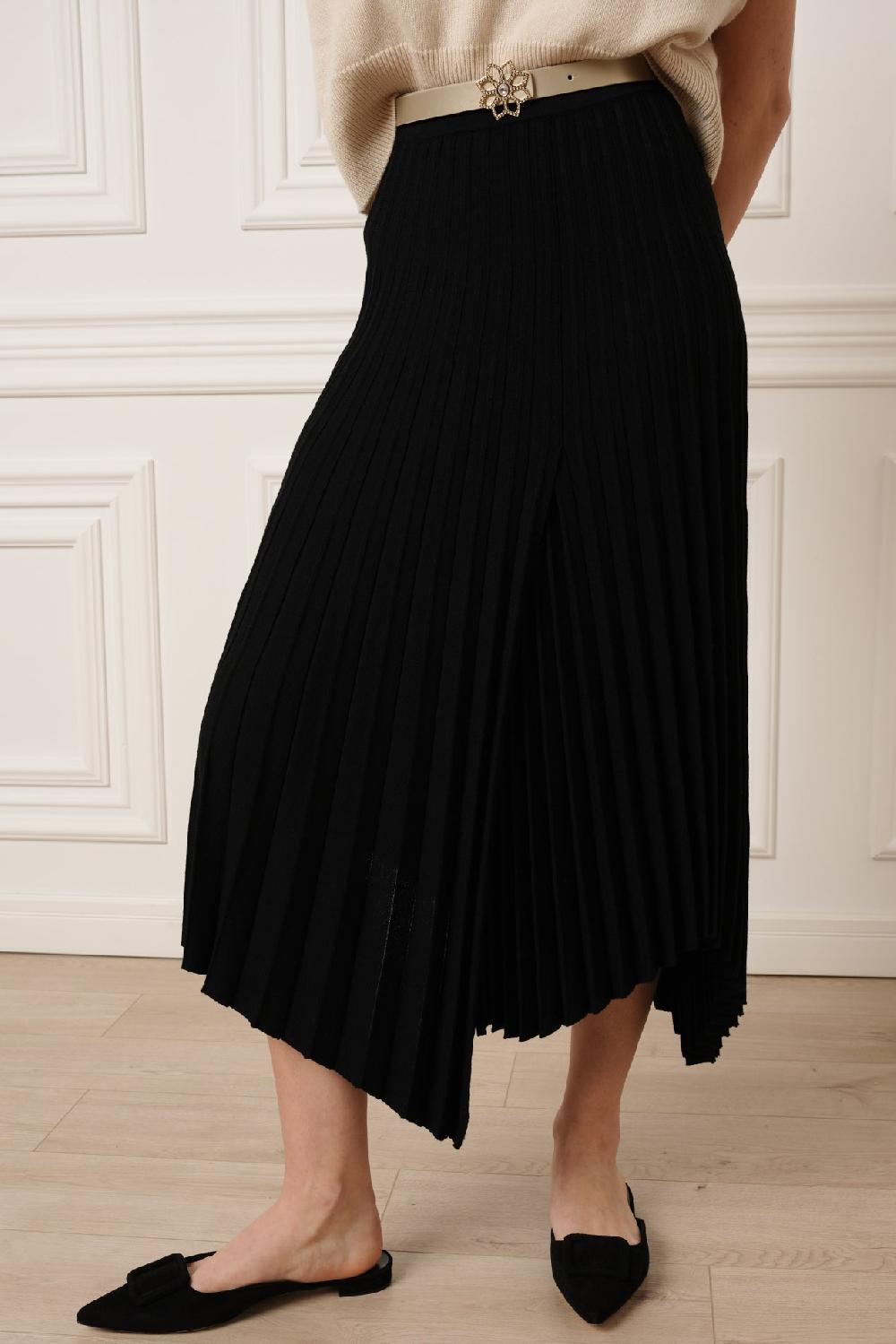 rhea costa Lia Jersey Wool Pleated Midi Skirt in Black