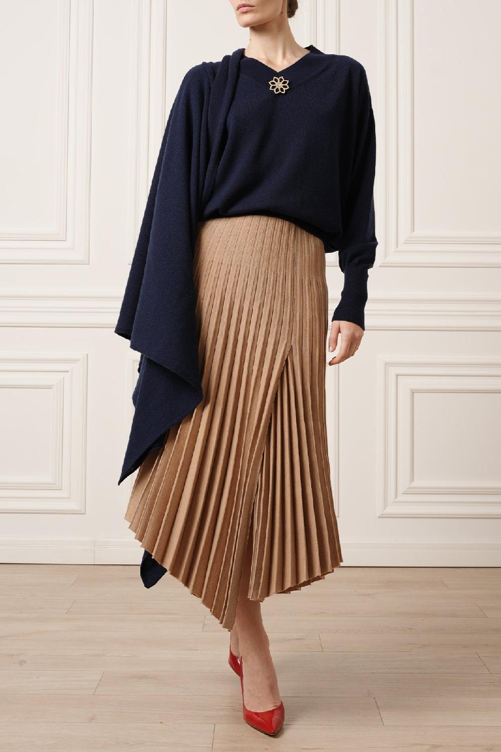 Rhea Costa Lia Jersey Wool Pleated Midi Skirt In Camel