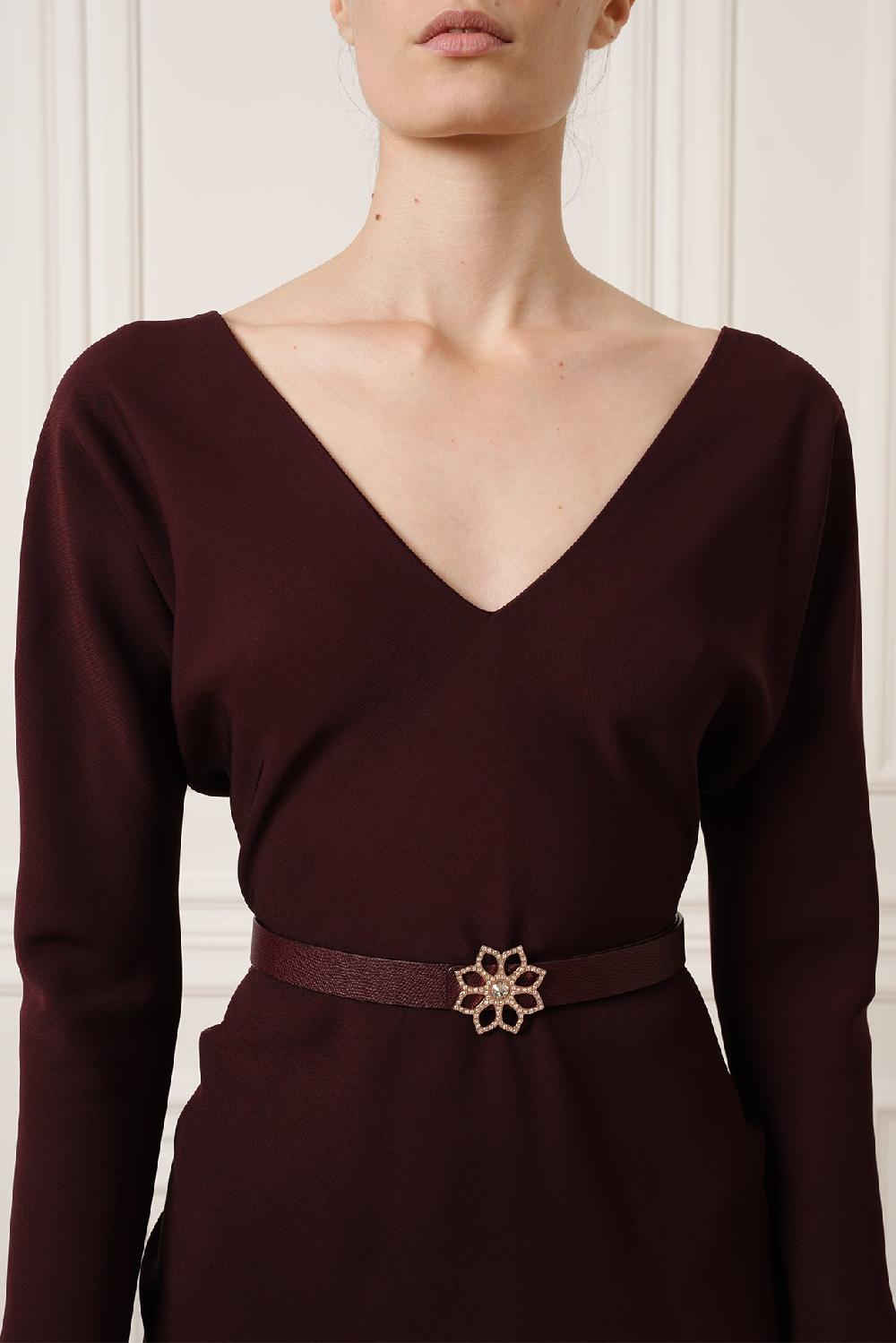 Rhea Costa Lotus Leather Waist Belt In Burgundy With Gold Buckle