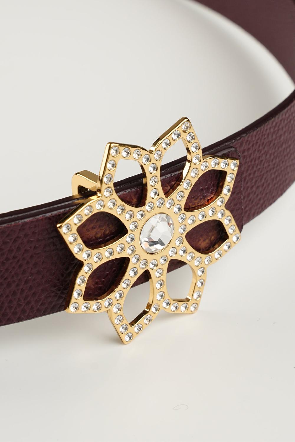 Rhea Costa Lotus Leather Waist Belt In Burgundy With Gold Buckle