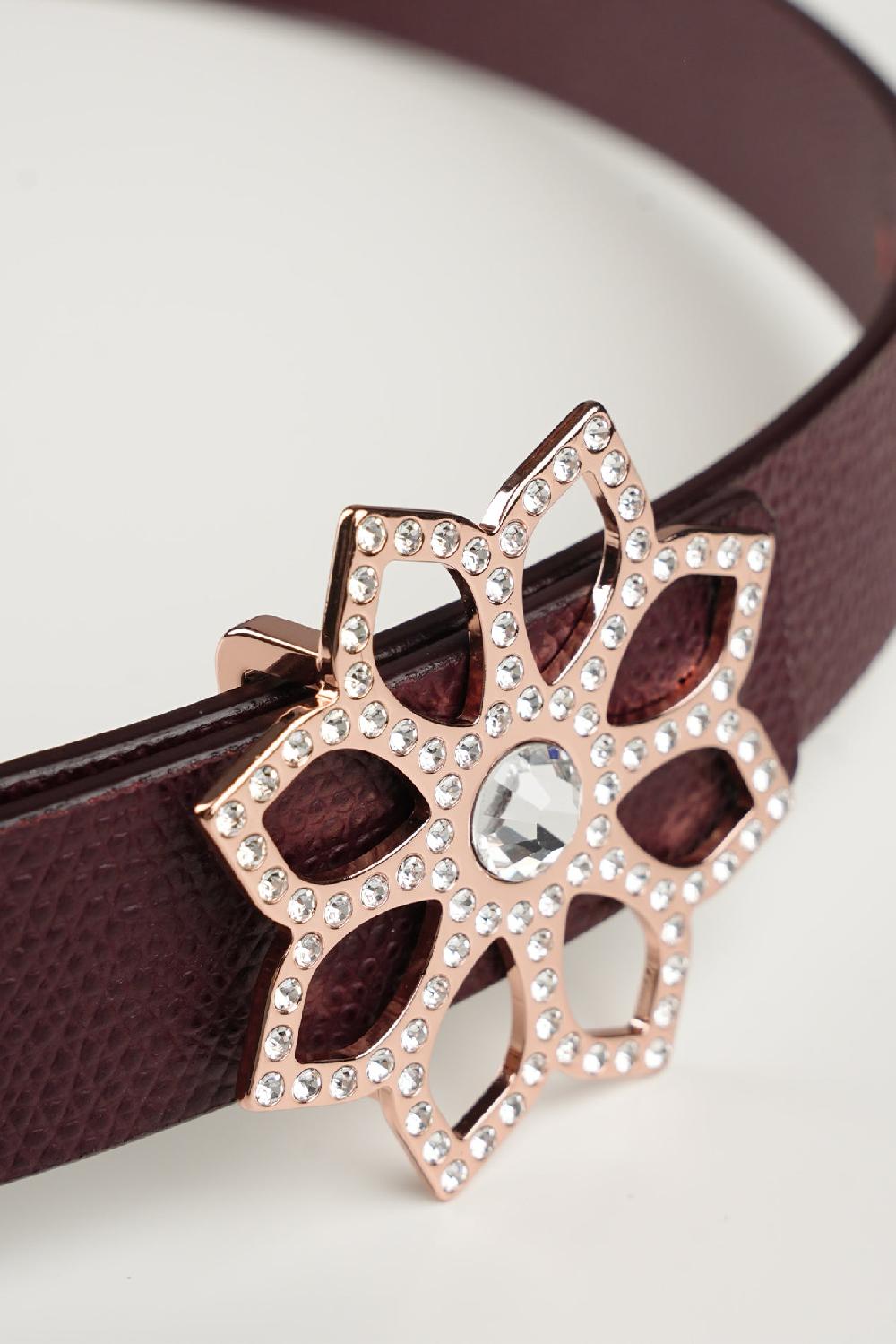 Rhea Costa Lotus Leather Waist Belt In Burgundy With Rose-Gold Buckle