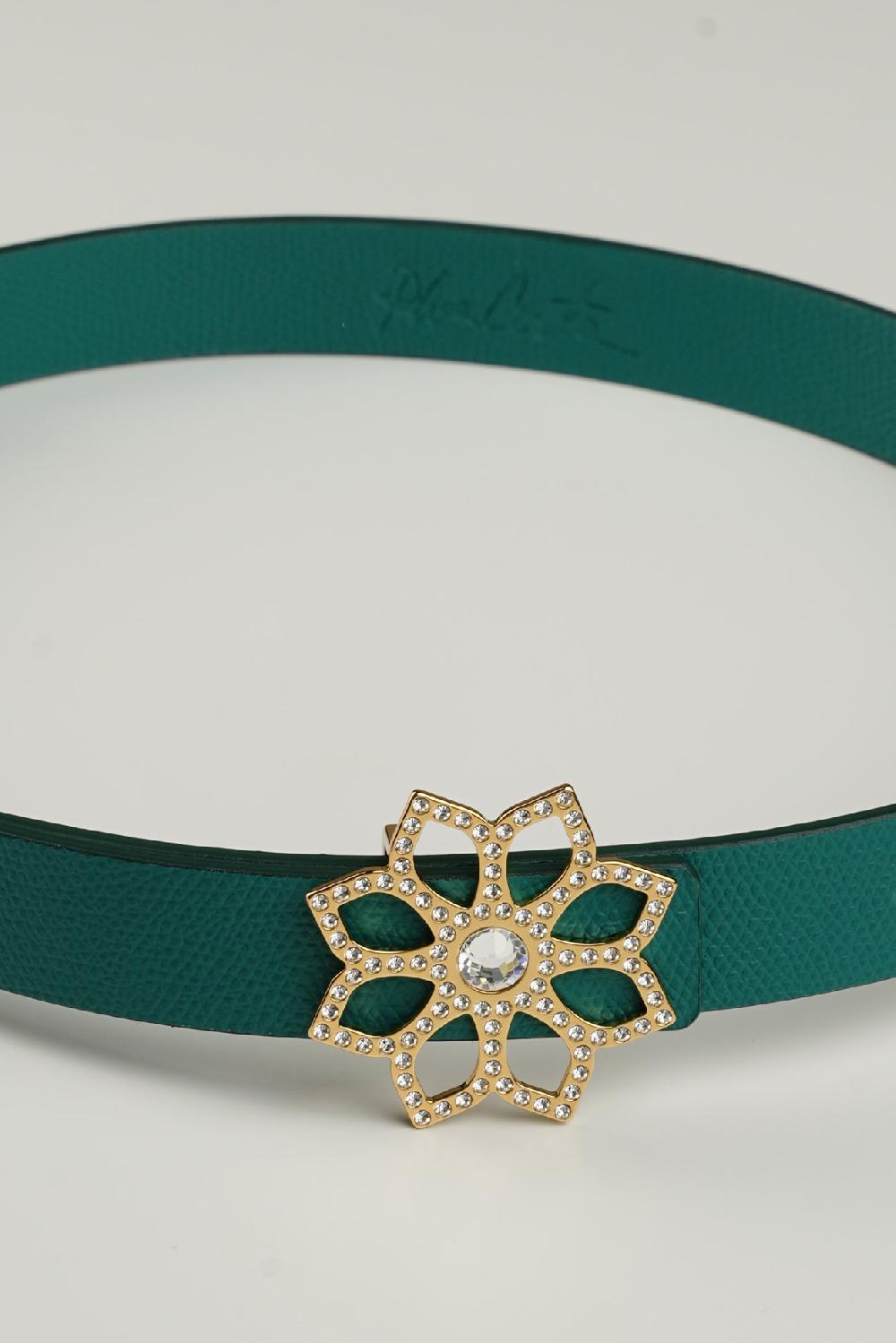 Rhea Costa Lotus Leather Waist Belt In Emerald With Gold Buckle
