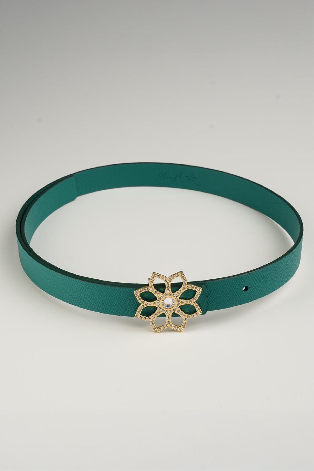 rhea costa Lotus Leather Waist Belt In Emerald With Gold Buckle