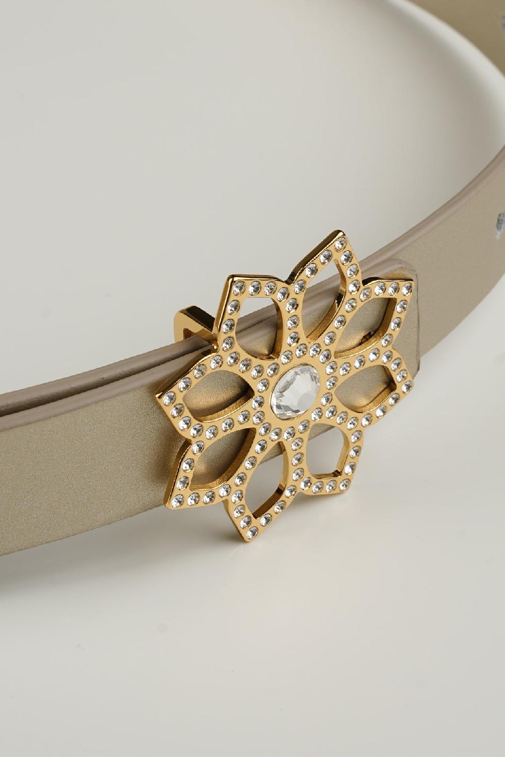Rhea Costa Lotus Leather Waist Belt In Gold With Gold Buckle