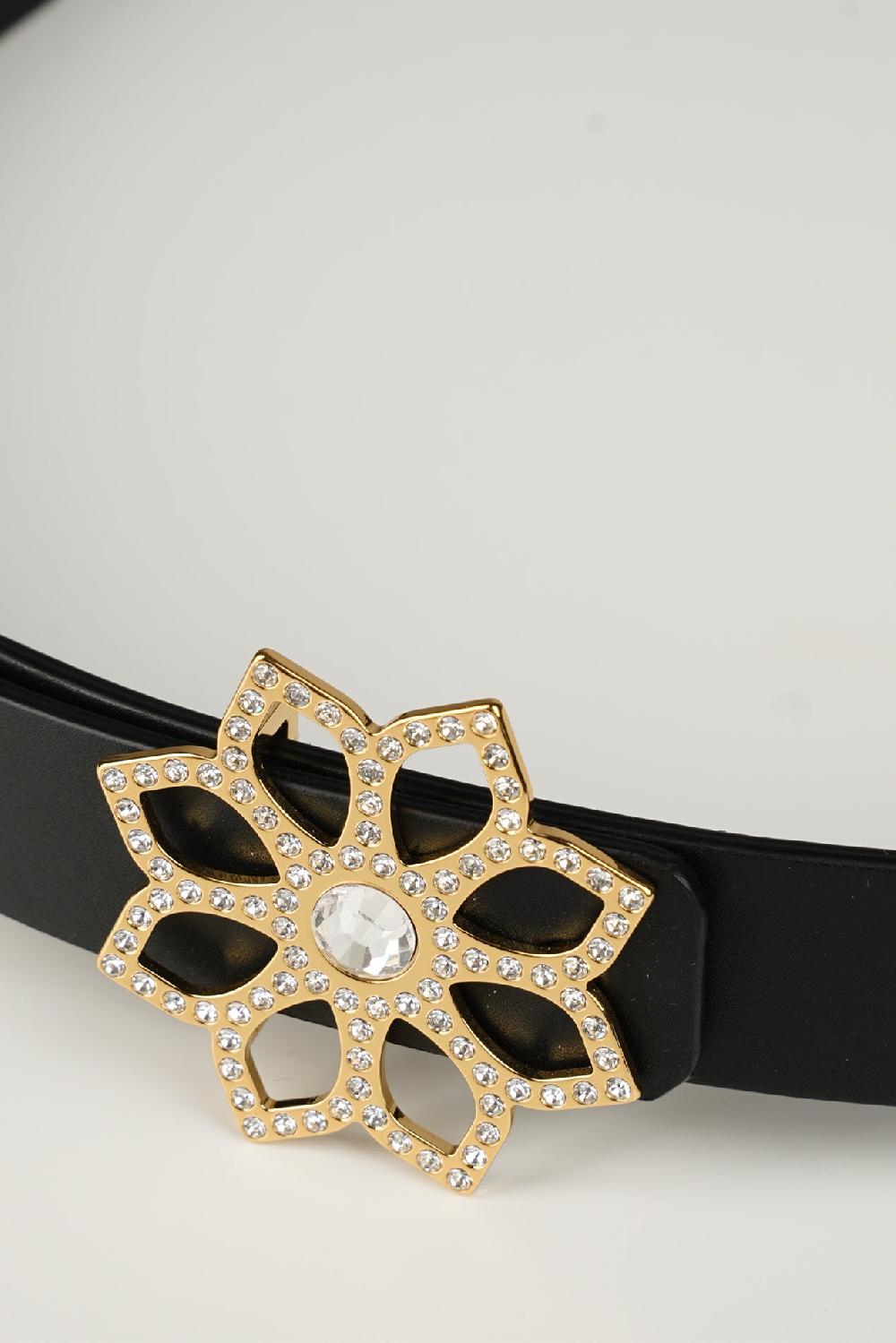 Rhea Costa Lotus Leather Waist Belt In Matte Black With Gold Buckle
