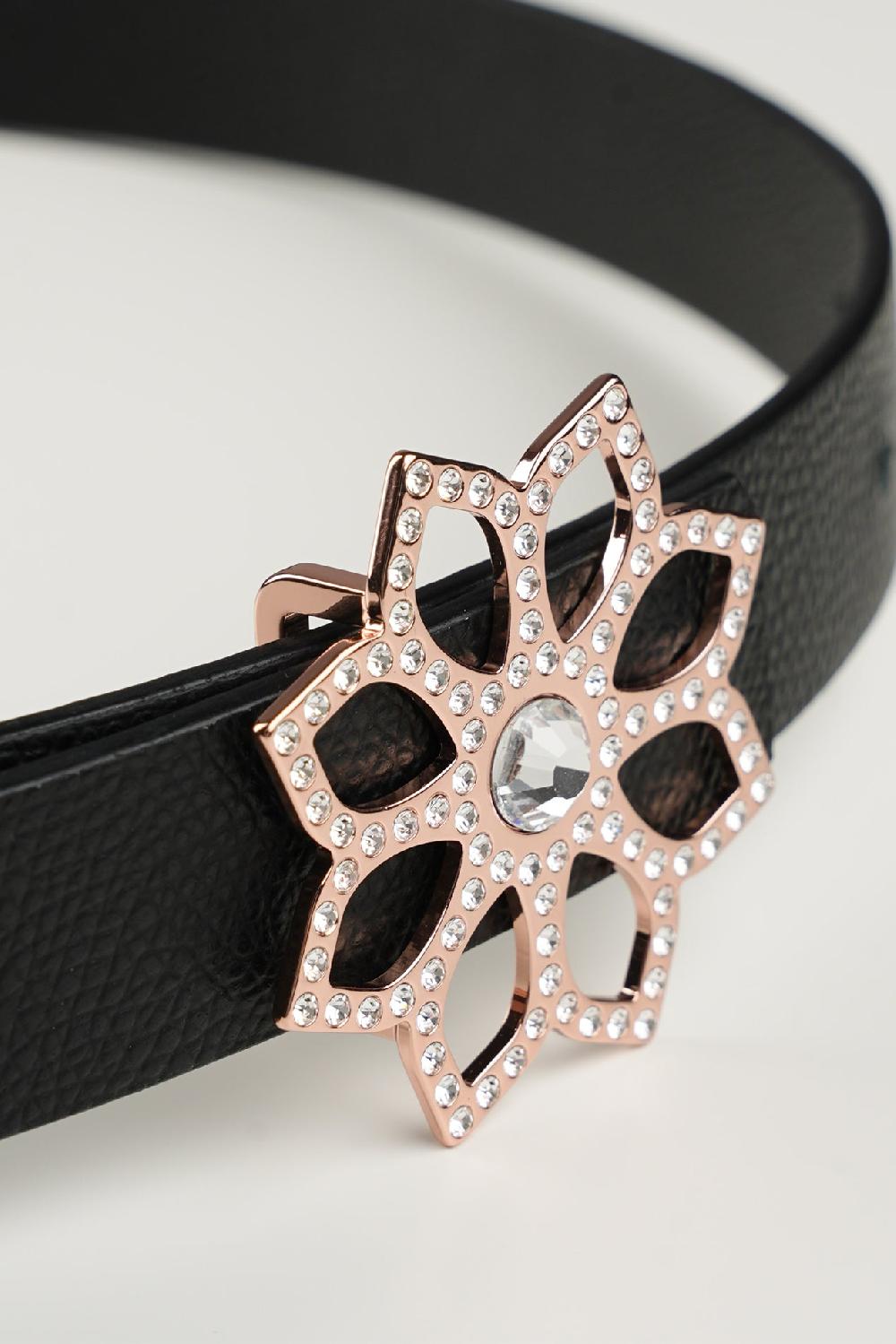 Rhea Costa Lotus Leather Waist Belt In Saffiano Black With Rose-Gold Buckle