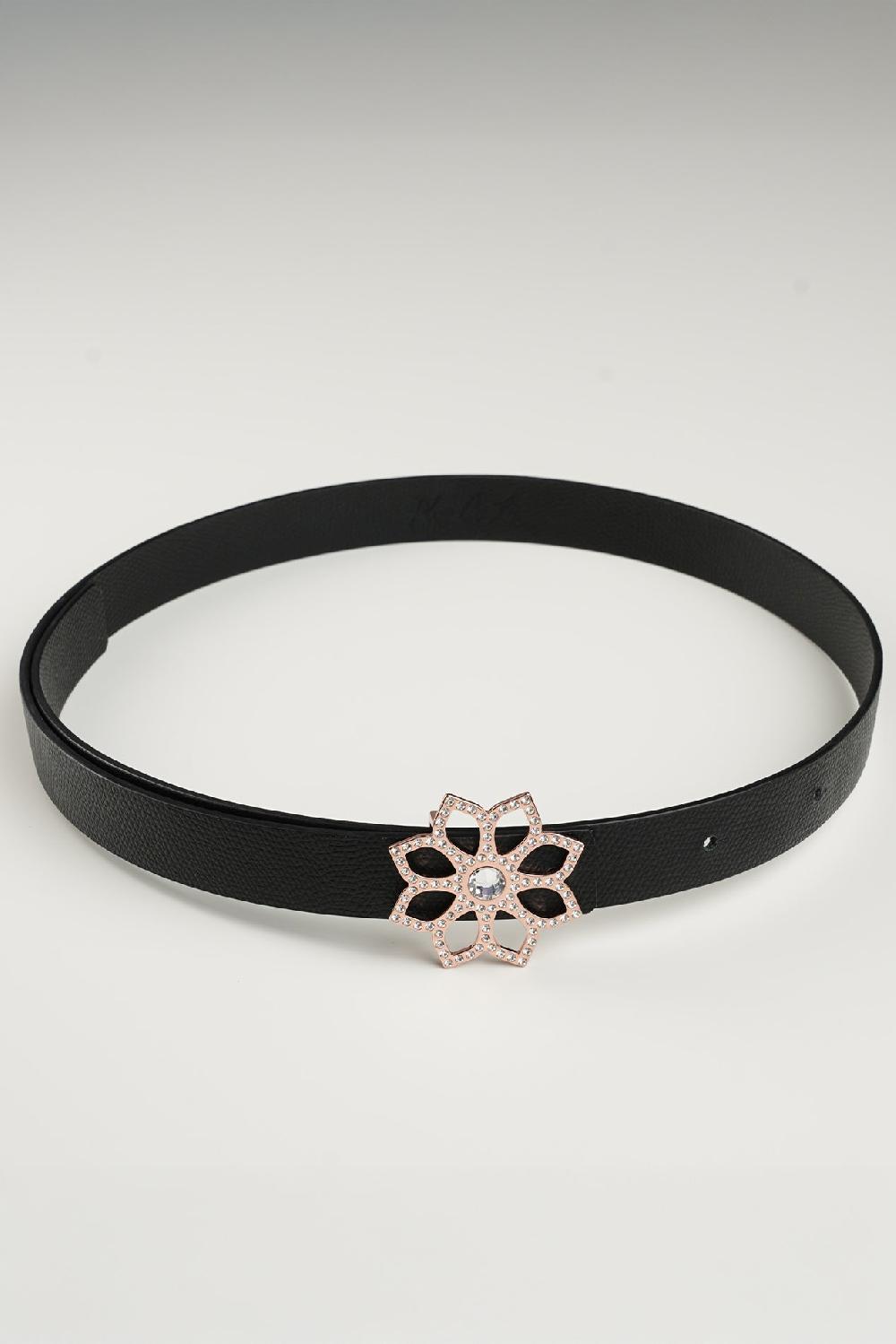 rhea costa Lotus Leather Waist Belt In Saffiano Black With Rose-Gold Buckle
