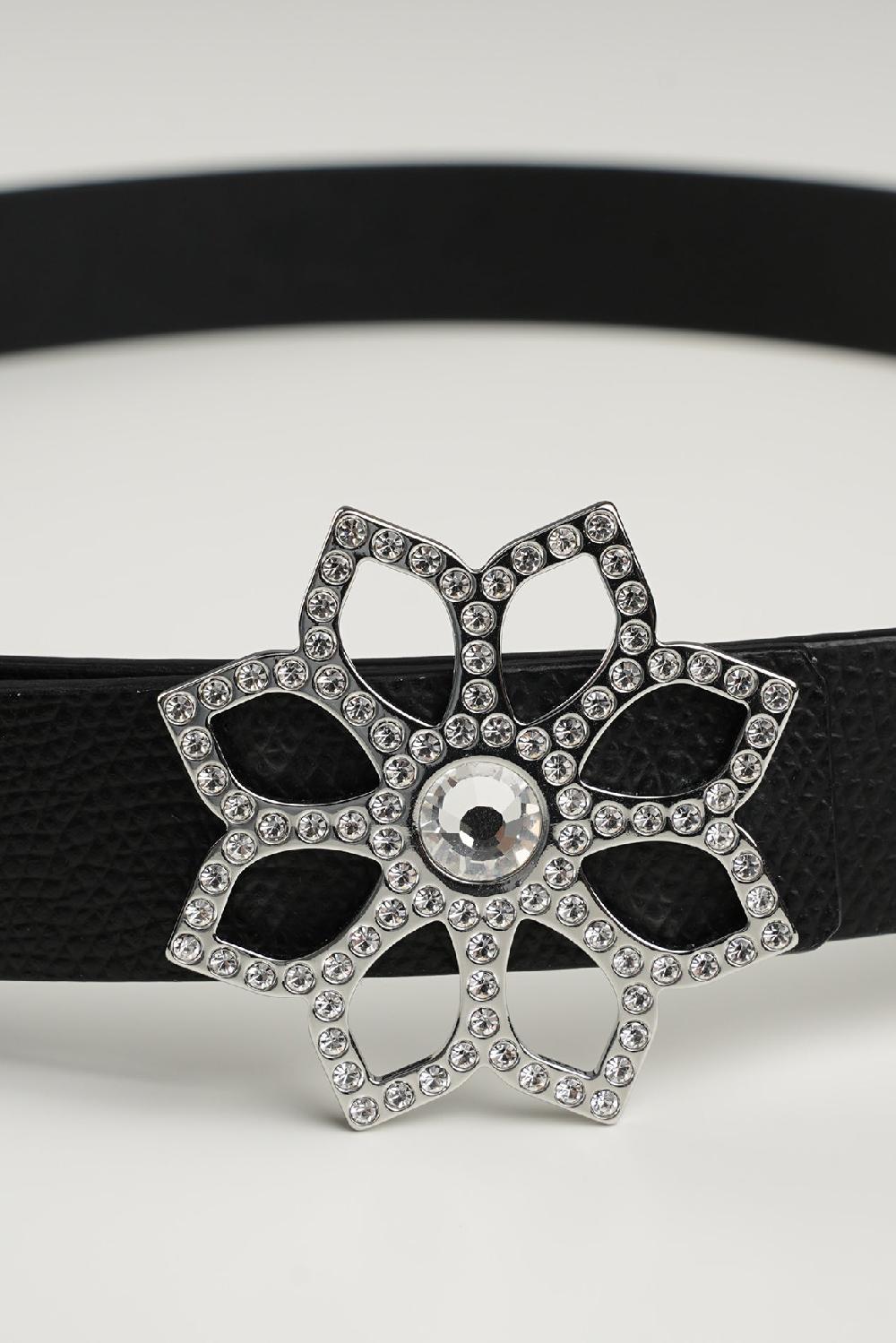 Rhea Costa Lotus Leather Waist Belt In Saffiano Black With Silver Buckle