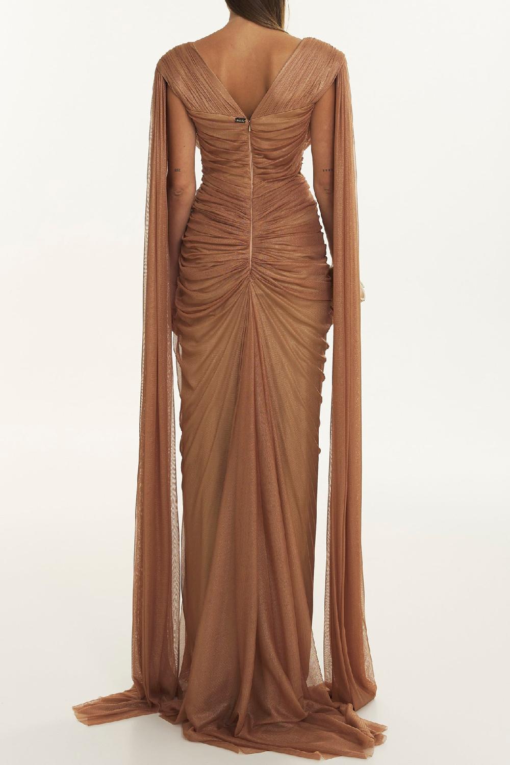Rhea Costa Luna Bronze Silk Tulle Long Dress With Capes