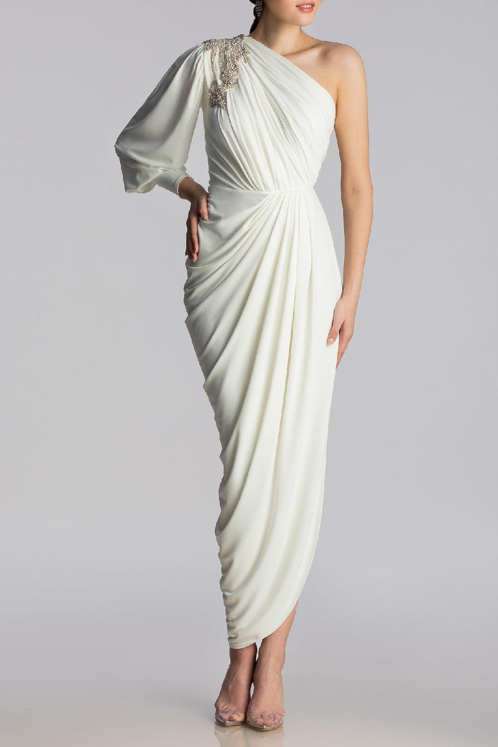 rhea costa Martina Embroidered Jersey Dress In ivory-Silver