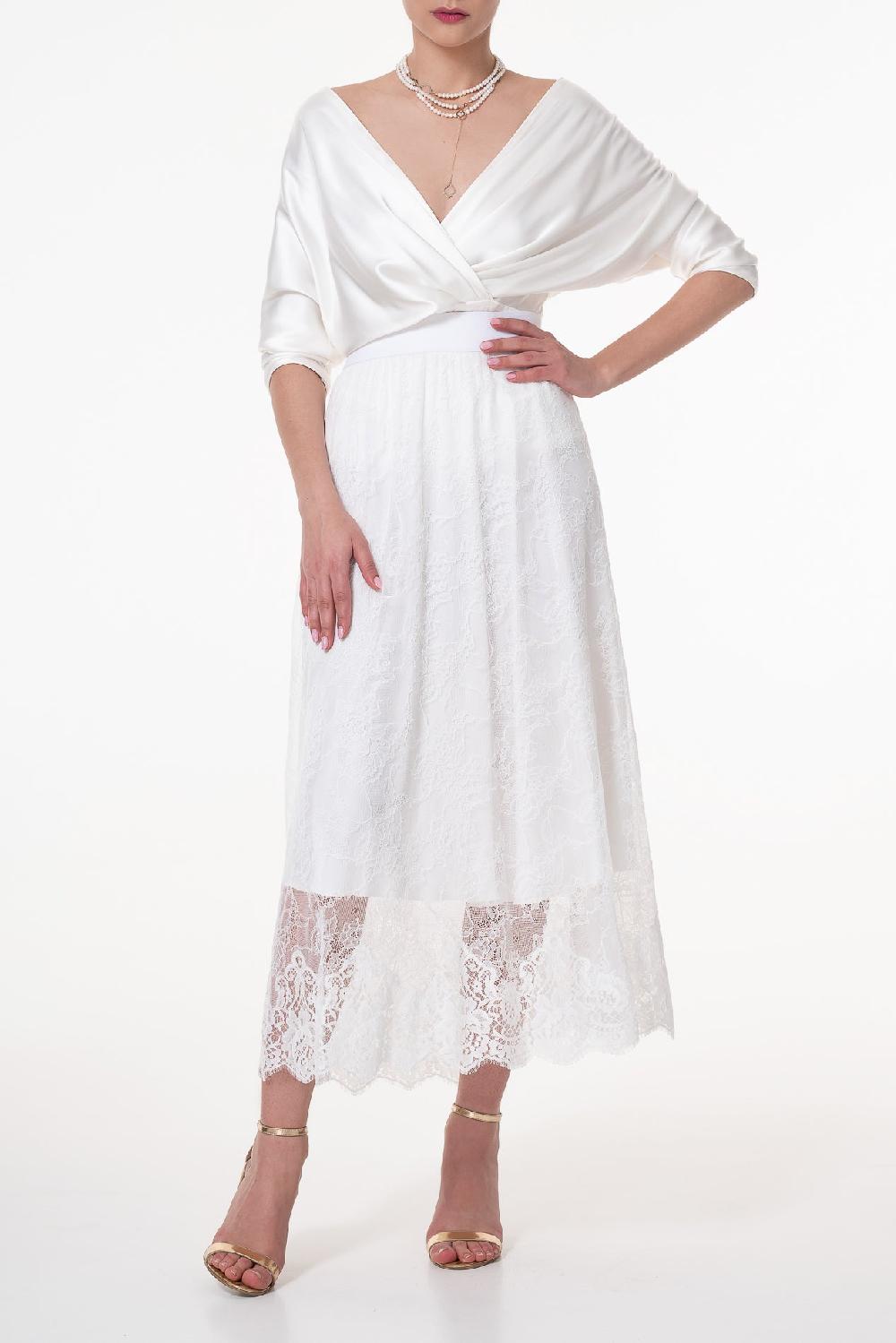 Rhea Costa Midi Lace Ivory Skirt With Midi Underskirt
