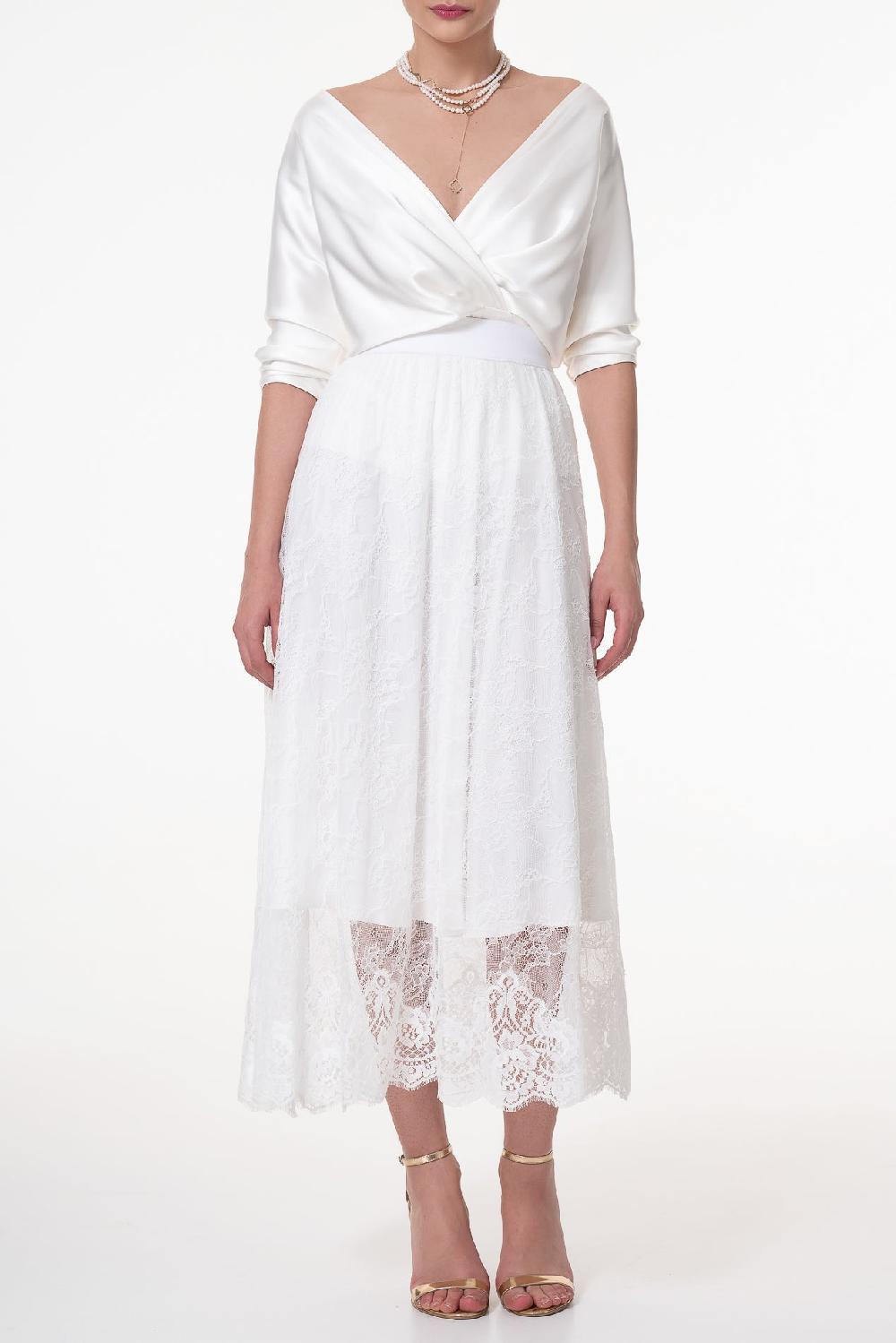 rhea costa Midi Lace Ivory Skirt With Midi Underskirt
