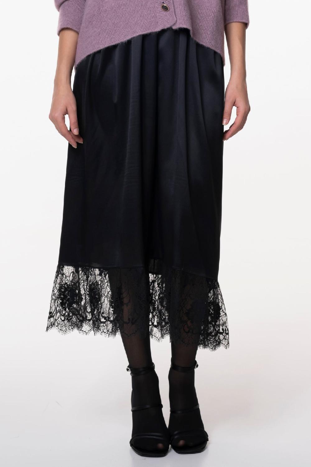 rhea costa Midi Silk Lace Skirt With Long Underskirt In Black
