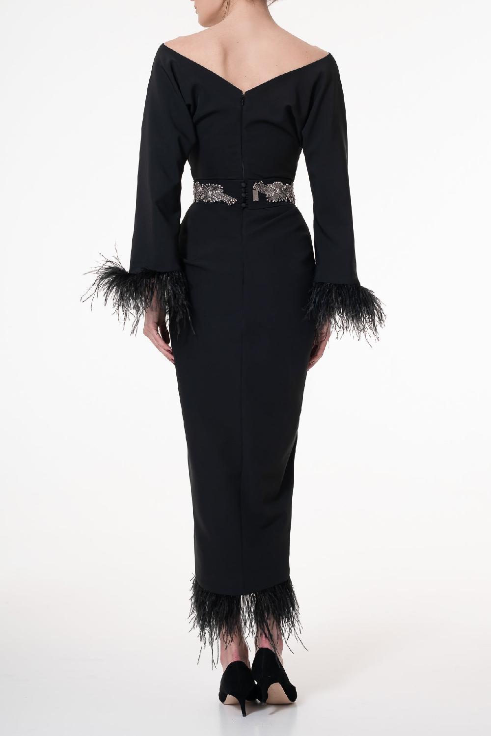 Rhea Costa Mona Feathers Trimmed Black Crepe Ankle Length Dress