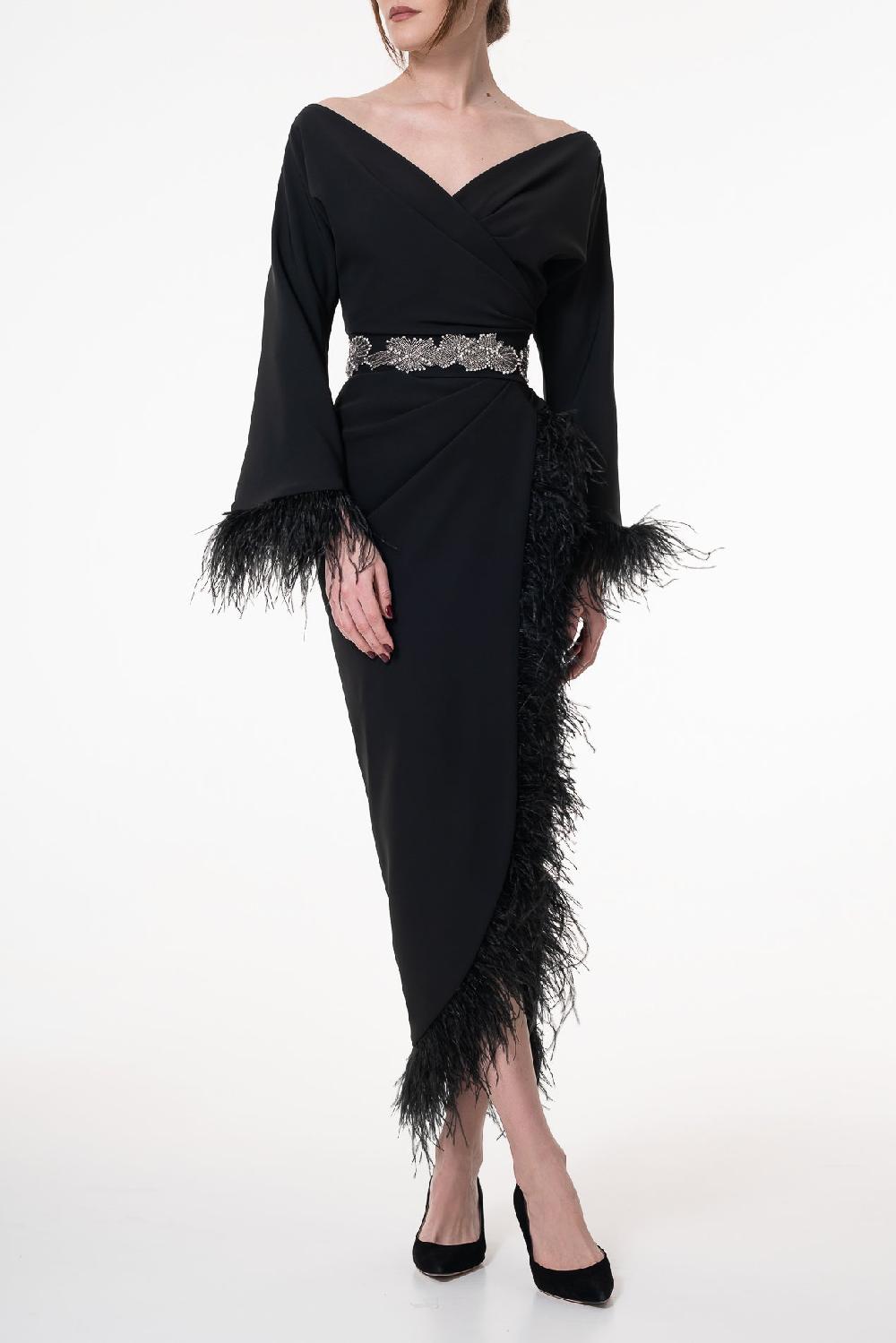 rhea costa Mona Feathers Trimmed Black Crepe Ankle Length Dress
