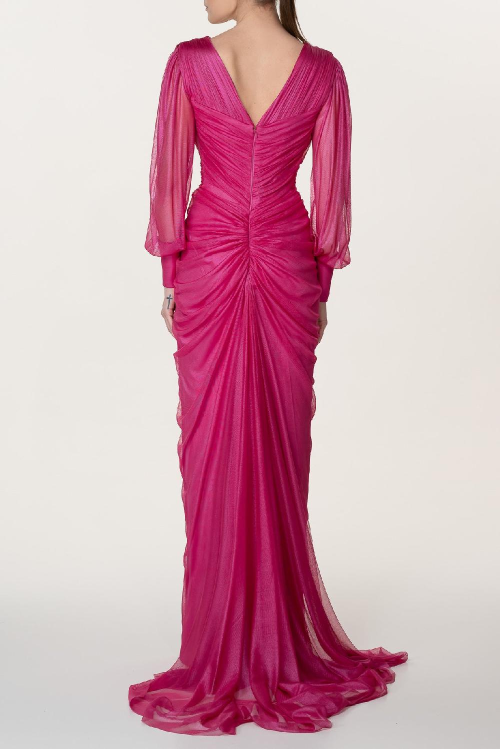 Rhea Costa Namira Silk Tulle Long Dress In Glossy-Fucsia