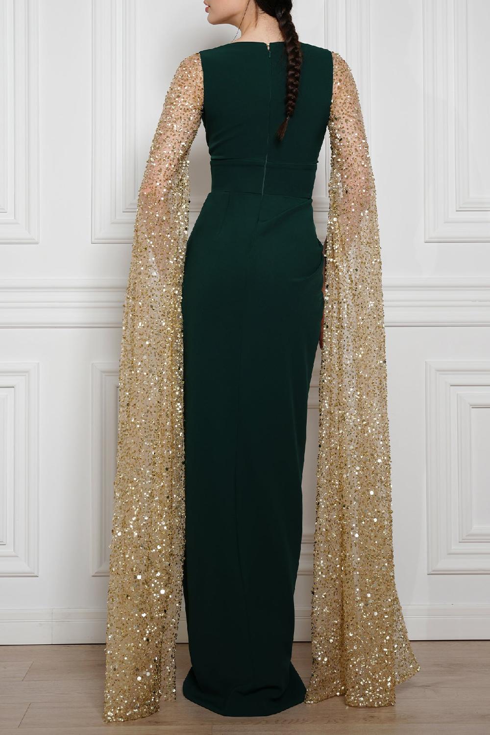 Rhea Costa Noemy Cape-Effect Embroidery Dress In Gold-Dark-Green