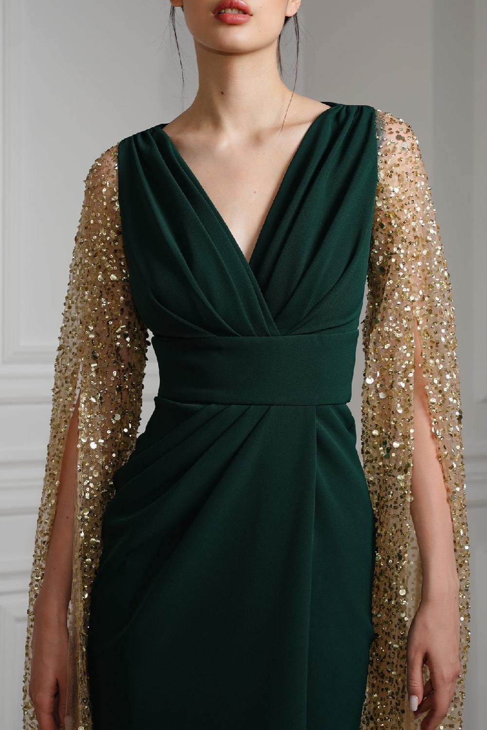 Rhea Costa Noemy Cape-Effect Embroidery Dress In Gold-Dark-Green
