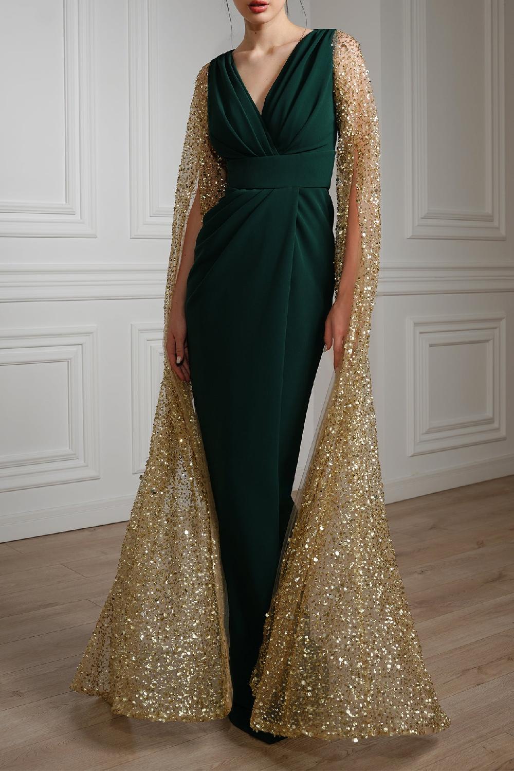 Rhea Costa Noemy Cape-Effect Embroidery Dress In Gold-Dark-Green